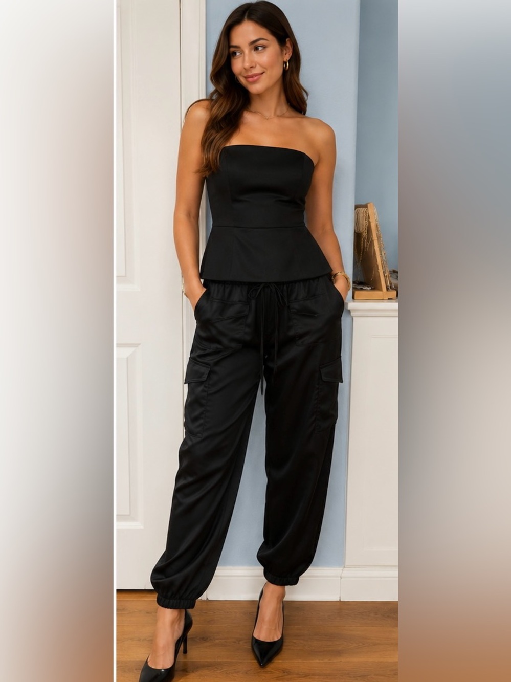 Banana Republic Black Strapless Peplum Top (4) & Satin Cargo Jogger (XS) Set